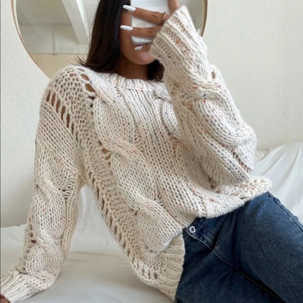 🖤HP🥀 Sweater chunky chic cream white long sleeve crew neck thick cable knit - Picture 5 of 6